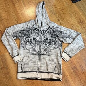 Affliction Light Gray Hoodie with Black Winged Skull Design